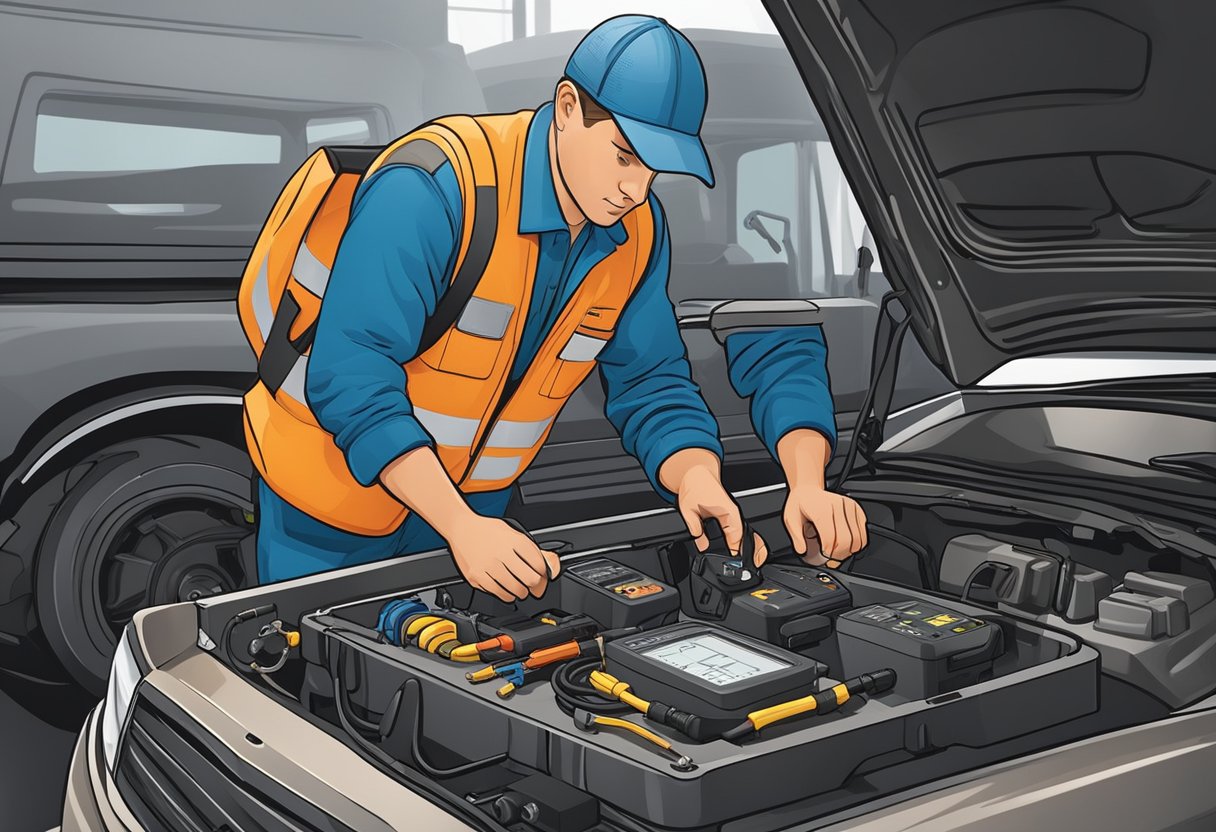 A mechanic inspecting a fuel rail pressure sensor with a multimeter, checking for high circuit voltage.

Nearby, a toolbox and diagnostic equipment are visible
