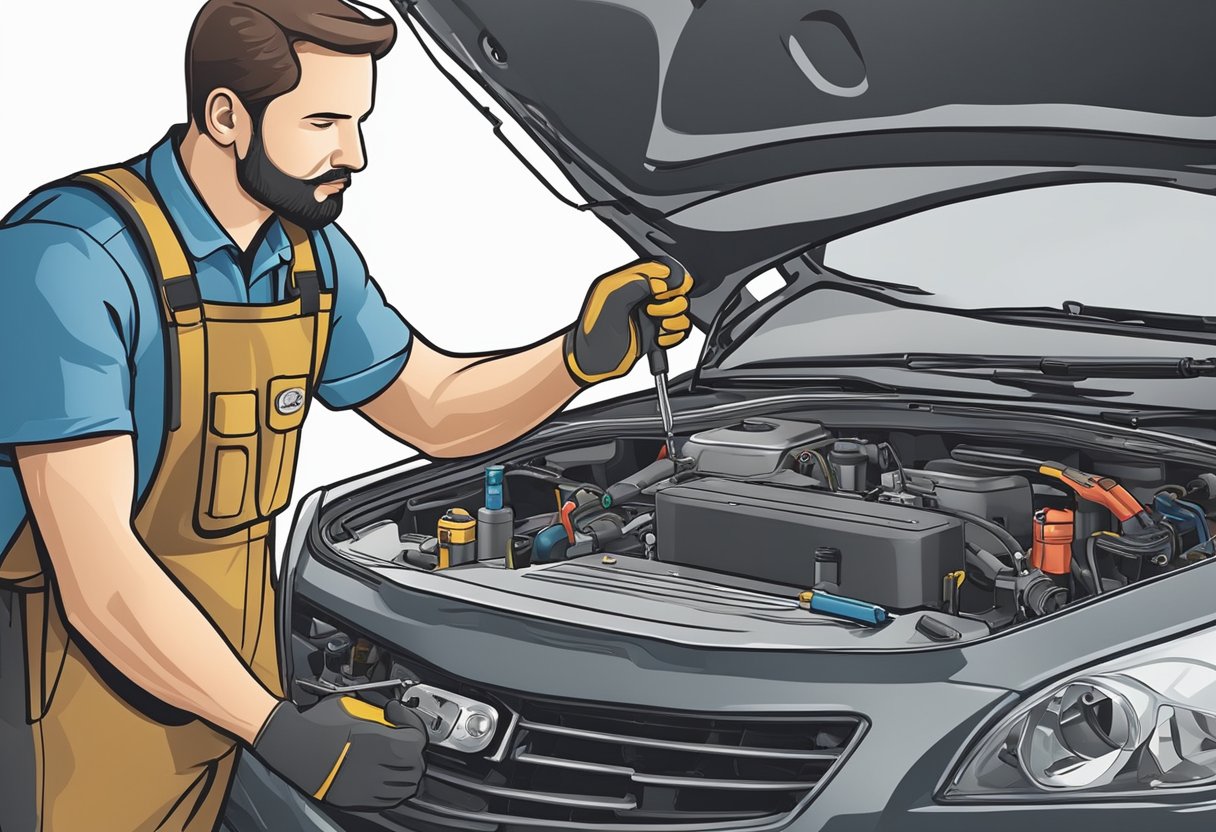 A mechanic replacing a faulty EVAP system component with tools and diagnostic equipment nearby