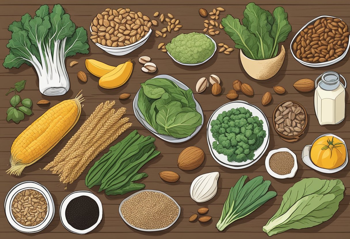 A variety of foods rich in magnesium, such as leafy greens, nuts, seeds, and whole grains, are spread out on a wooden table