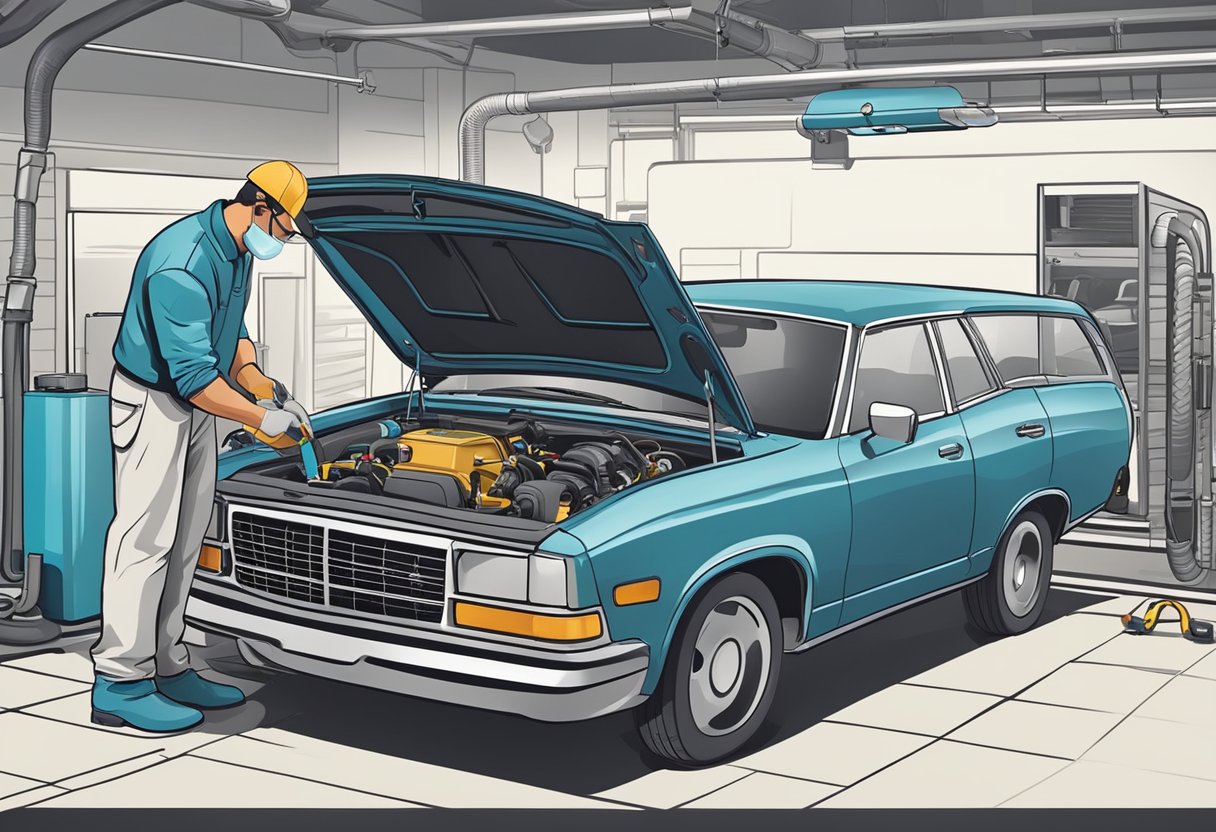 A car with an open hood, diagnostic tool connected, and mechanic inspecting the EVAP system for leaks or faulty purge flow