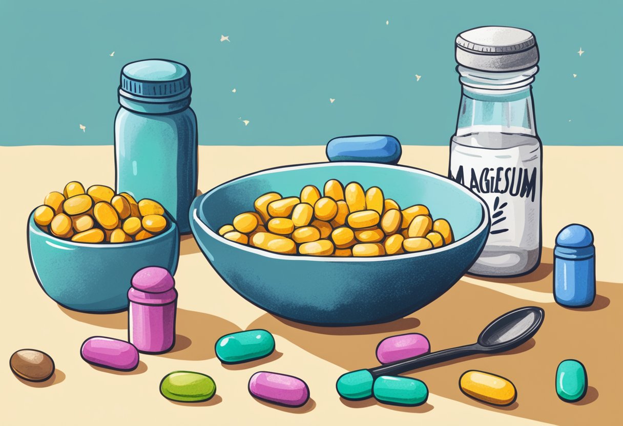 A bottle of magnesium supplements sits on a table, surrounded by colorful capsules. A glass of water and a spoon are nearby, ready for consumption