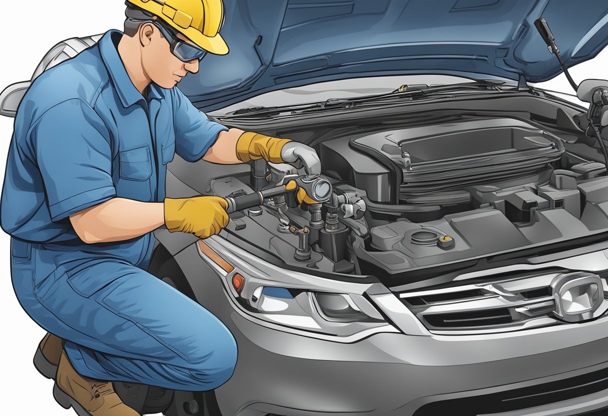 A mechanic replaces a faulty purge valve in the EVAP system, using tools and wearing protective gear