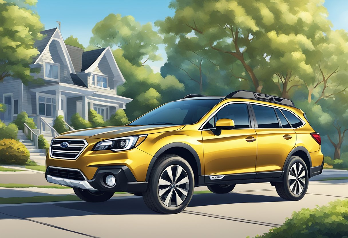 A Subaru Outback parked on a suburban street, surrounded by trees and with a clear blue sky in the background