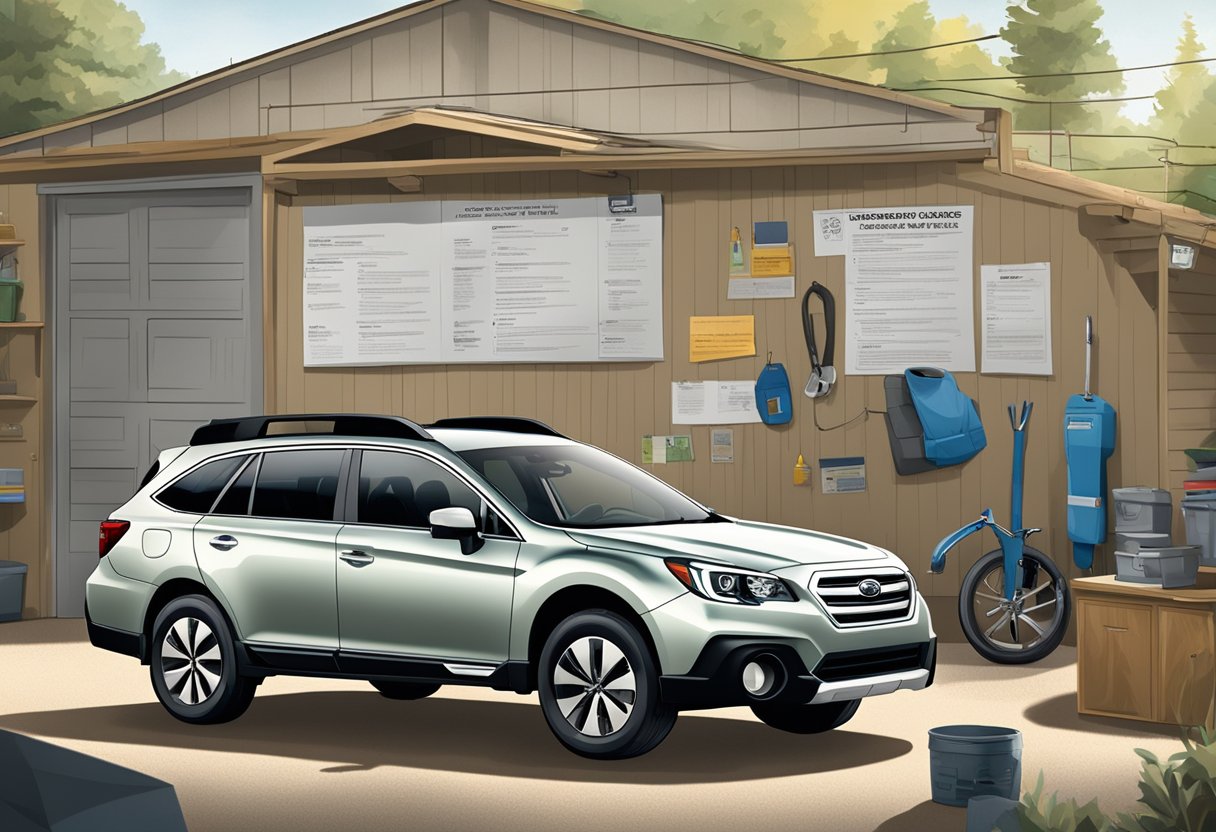 The Subaru Outback sits in a mechanic's garage, with a list of common issues for different model years displayed on a nearby bulletin board