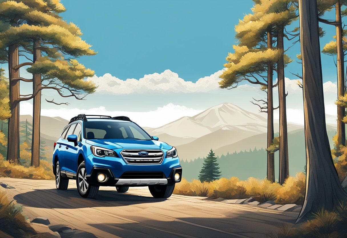 A Subaru Outback parked on a rugged mountain road, surrounded by tall trees and a clear blue sky.

The car is in pristine condition, showcasing its durability and reliability