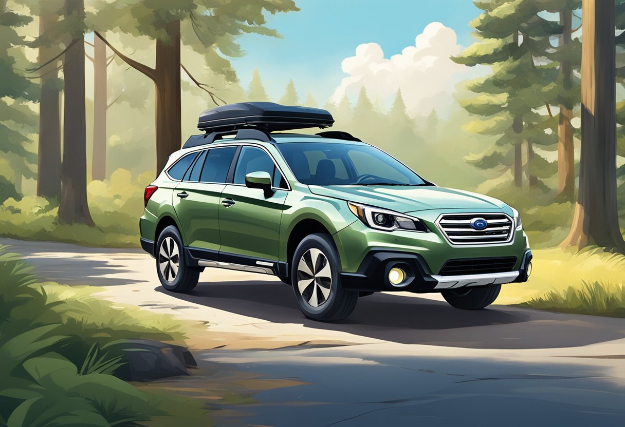 A Subaru Outback parked in a driveway, surrounded by trees and a clear blue sky.

The car is clean and well-maintained, with no visible signs of damage or wear