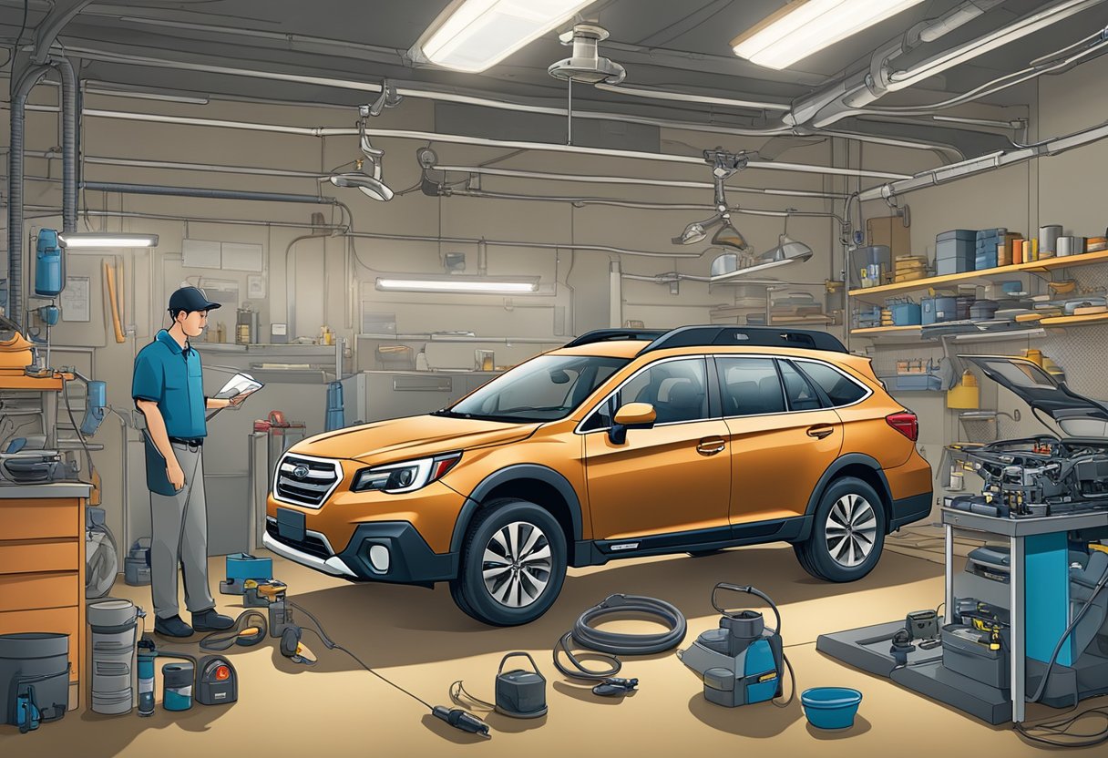 The Subaru Outback sits in a mechanic's garage, surrounded by tools and diagnostic equipment.

A technician inspects the car's engine while another reviews a list of common problems and recalls