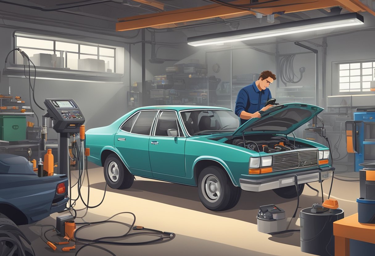 A mechanic diagnosing a car's O2 sensor with diagnostic equipment and tools in a well-lit garage