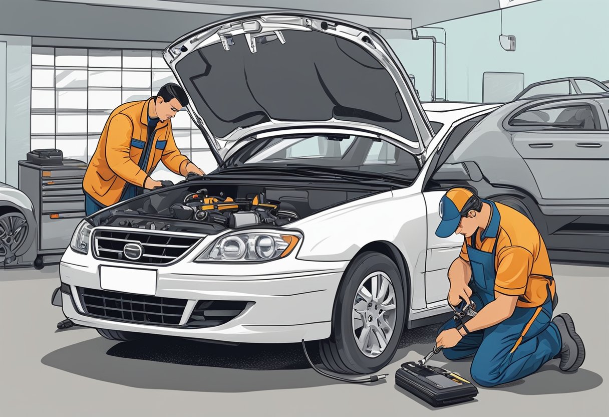 A mechanic replacing an O2 sensor under a car hood with a wrench and diagnostic tool nearby