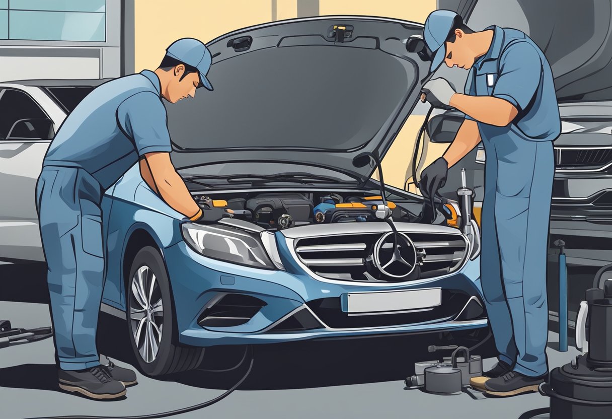 A mechanic using a diagnostic tool to check the O2 sensor.

Wrenches and a car engine in the background