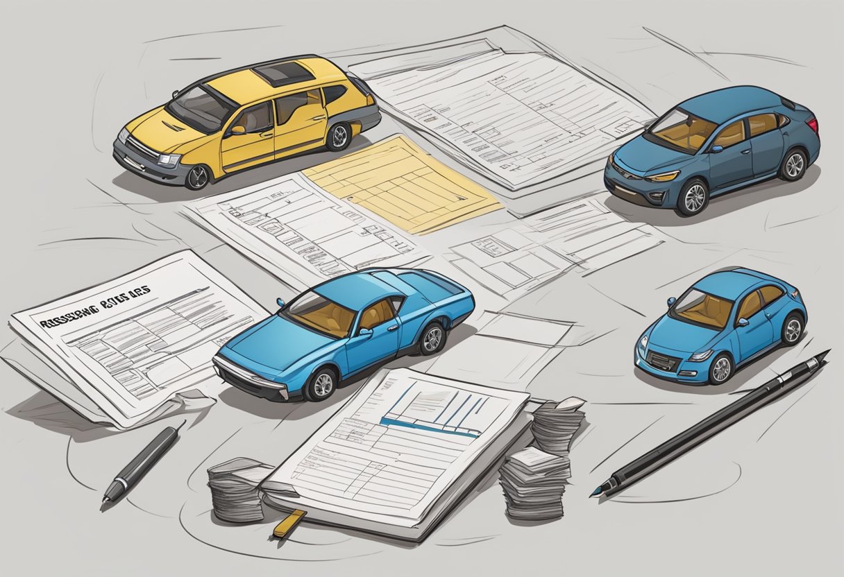 A checklist with 7 reliable used cars under $5000, surrounded by research materials and a pen