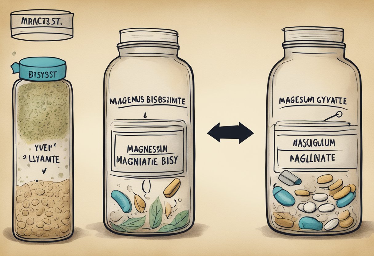Two containers labeled "magnesium glycinate" and "magnesium bisglycinate" with arrows pointing to a digestive system and bloodstream, showing the difference in absorption and bioavailability