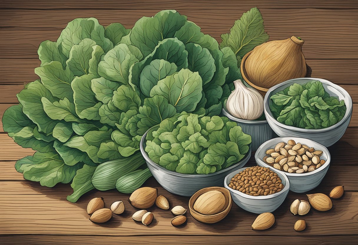 A pile of green leafy vegetables, nuts, and seeds, all rich in magnesium and vitamin B6, arranged on a wooden table