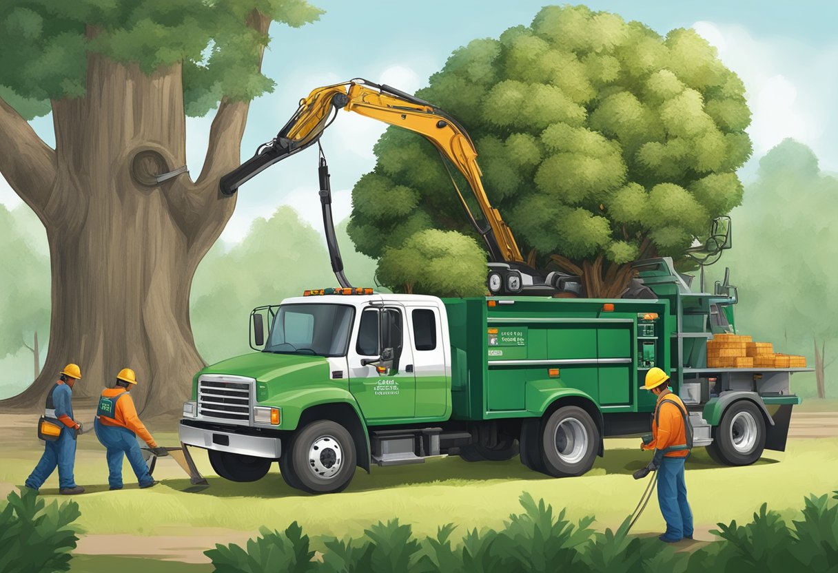 A tree service truck parked in front of a large tree with workers using equipment to trim and maintain the branches