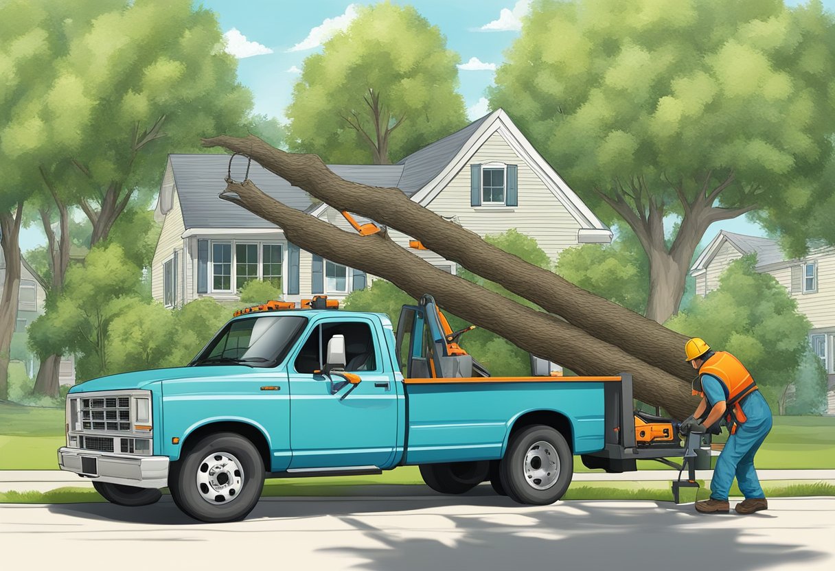 A tree service truck parked in front of a residential property, with workers using chainsaws and ropes to trim and remove branches