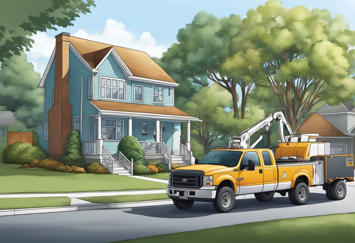 A tree service truck parked in front of a suburban home, with workers using equipment to trim and remove trees