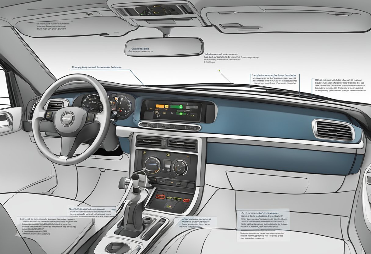 A car dashboard with no power, ignition switch highlighted, potential causes and solutions listed