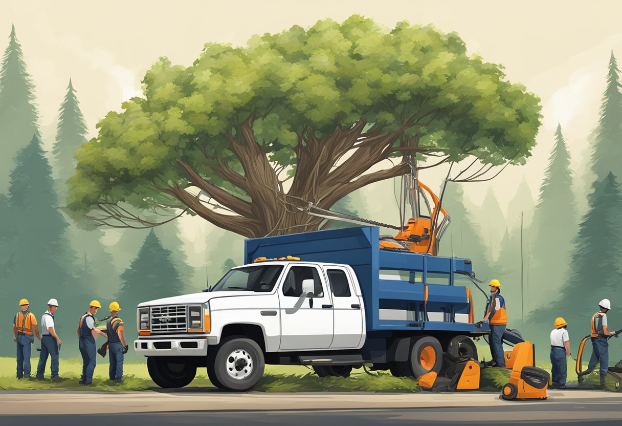 A tree removal truck parked in front of a tall, overgrown tree. A team of workers uses chainsaws and ropes to safely dismantle the tree