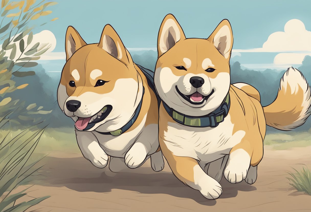 A tired Shiba puppy runs with his loyal companion, showing exhaustion