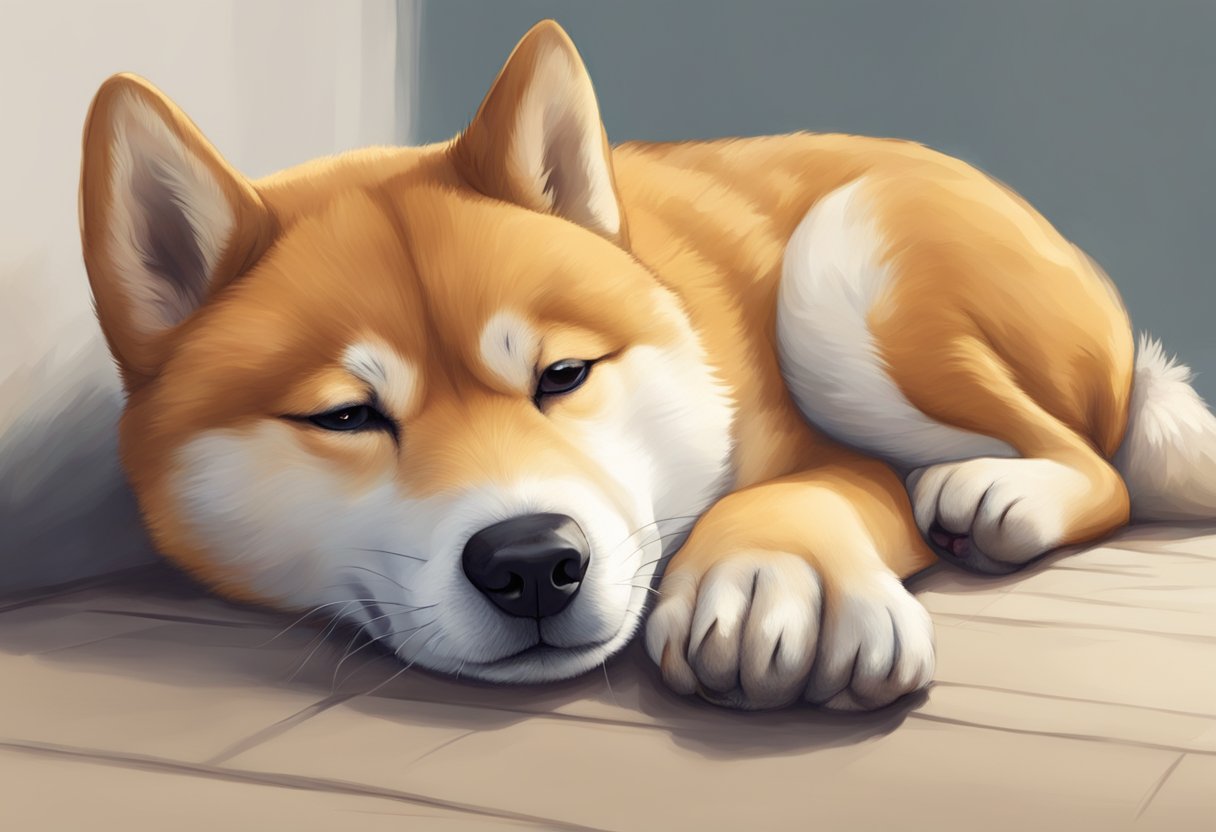 A tired Shiba puppy leans on his loyal companion, a dog named Bond, for comfort and support as they both try to rest