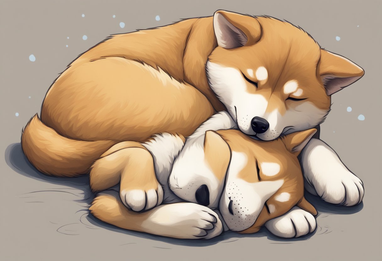 A tired Shiba puppy curls up with his loyal dog companion, illustrating the cutest friendship in their final act of devotion