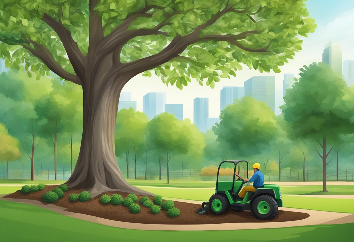 A healthy tree with vibrant green leaves and sturdy branches, surrounded by mulch and well-maintained soil, with a professional arborist providing care
