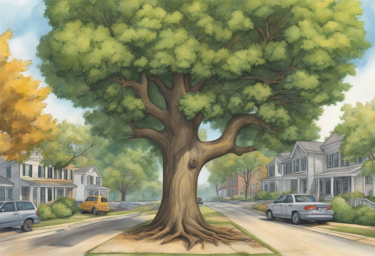 The illustration shows a tree in Concord, NC surrounded by pollution, drought, and pests. The tree exhibits wilting leaves, bark damage, and stunted growth