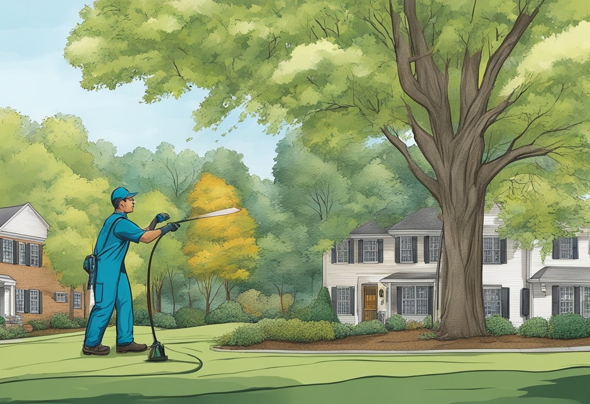A tree care professional applies treatments to a diseased tree in Concord, NC. Nearby, preventative measures such as mulching and pruning are being implemented to maintain tree health