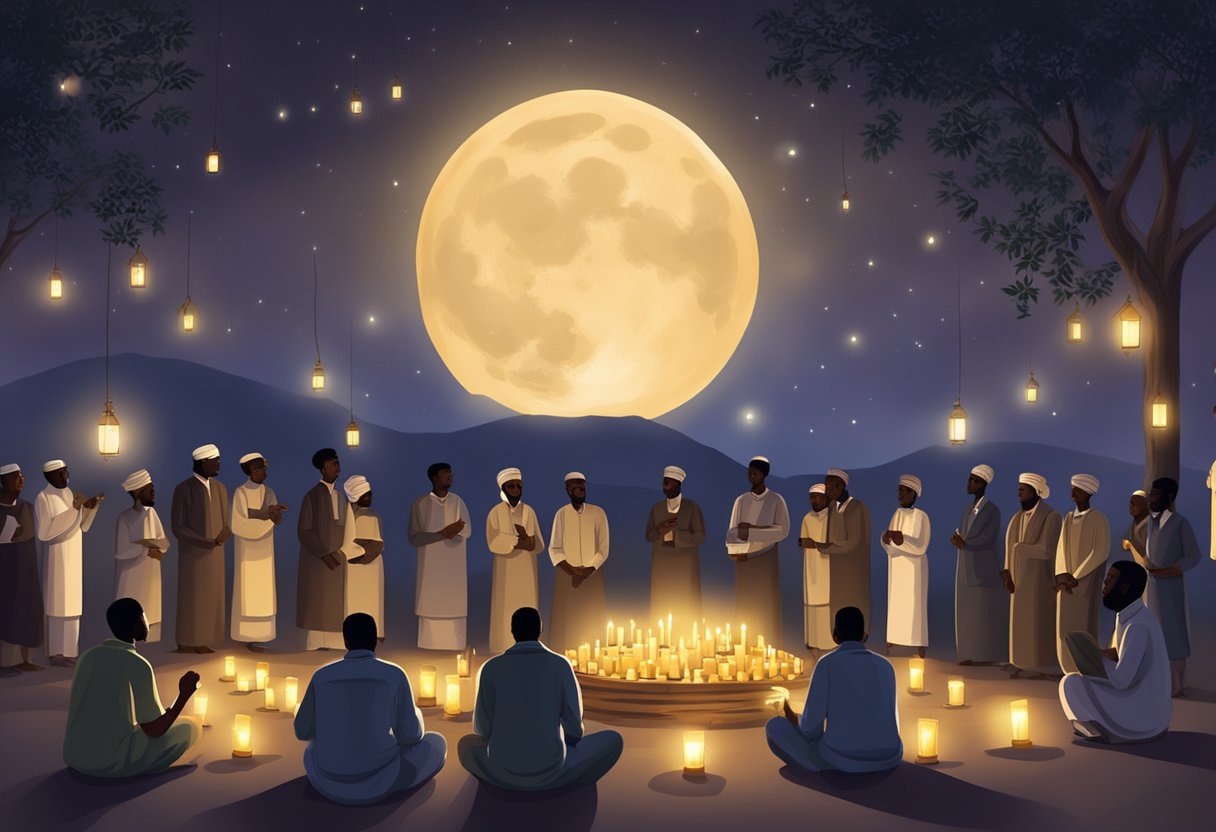 A moonlit night in Zimbabwe, with people gathering for Shab e-Barat 2024. Candles and lanterns illuminate the surroundings, creating a peaceful and spiritual atmosphere