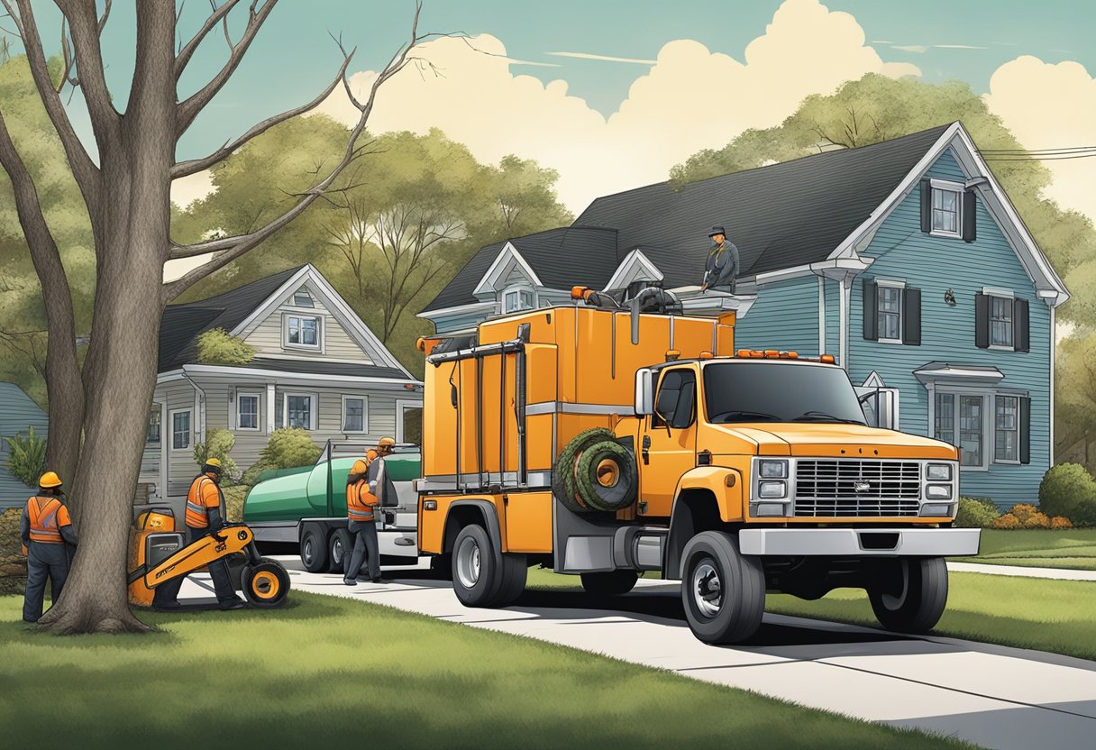 A tree service truck parked outside a suburban home, with workers using chainsaws and equipment to trim and remove trees