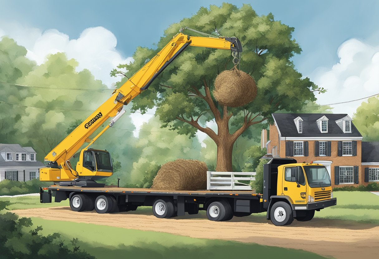 A tree removal truck with a crane lifts a large tree from a residential property in Concord, NC. Sawdust and branches scatter as the tree is carefully lowered to the ground