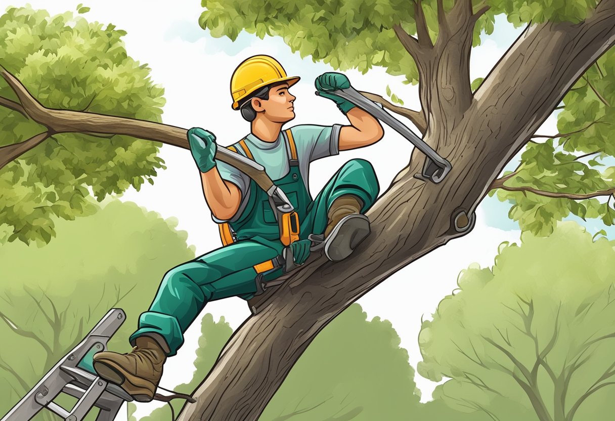 A tree service worker trims and prunes branches, using a ladder and specialized tools, while carefully shaping the tree's canopy