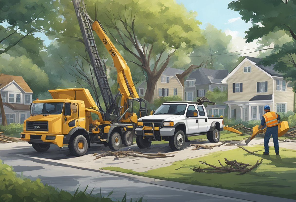 A team of workers swiftly removes fallen branches and debris from a large tree in a residential area. Equipment and vehicles are scattered around the scene