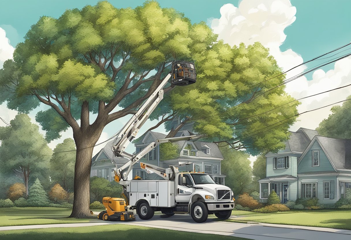 A tree service provider with a bucket truck and equipment trimming branches and removing debris from a large tree in a residential yard