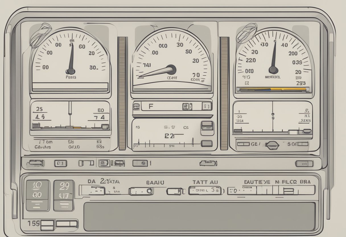 A dashboard with various gauges and meters, illuminated by soft light, displaying a range of data and information
