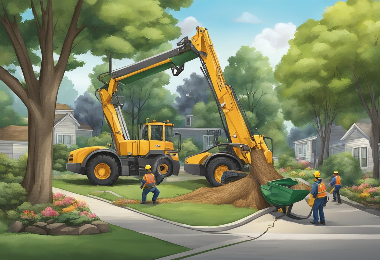 A tree removal crew efficiently cuts and removes a large tree in a residential area, showcasing their expertise and professionalism
