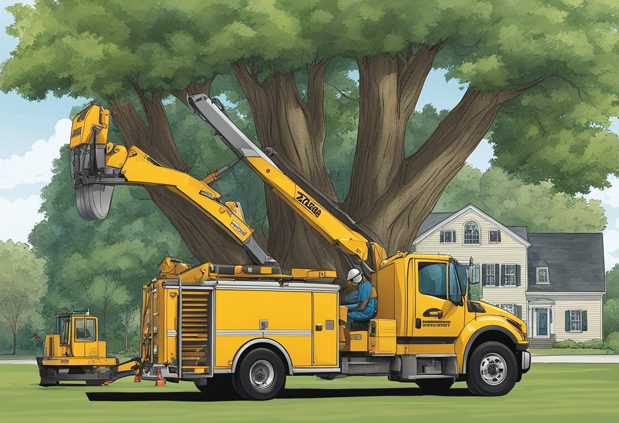 A tree removal truck parked in front of a large tree in Concord, NC. A professional crew using specialized equipment to safely and efficiently remove the tree