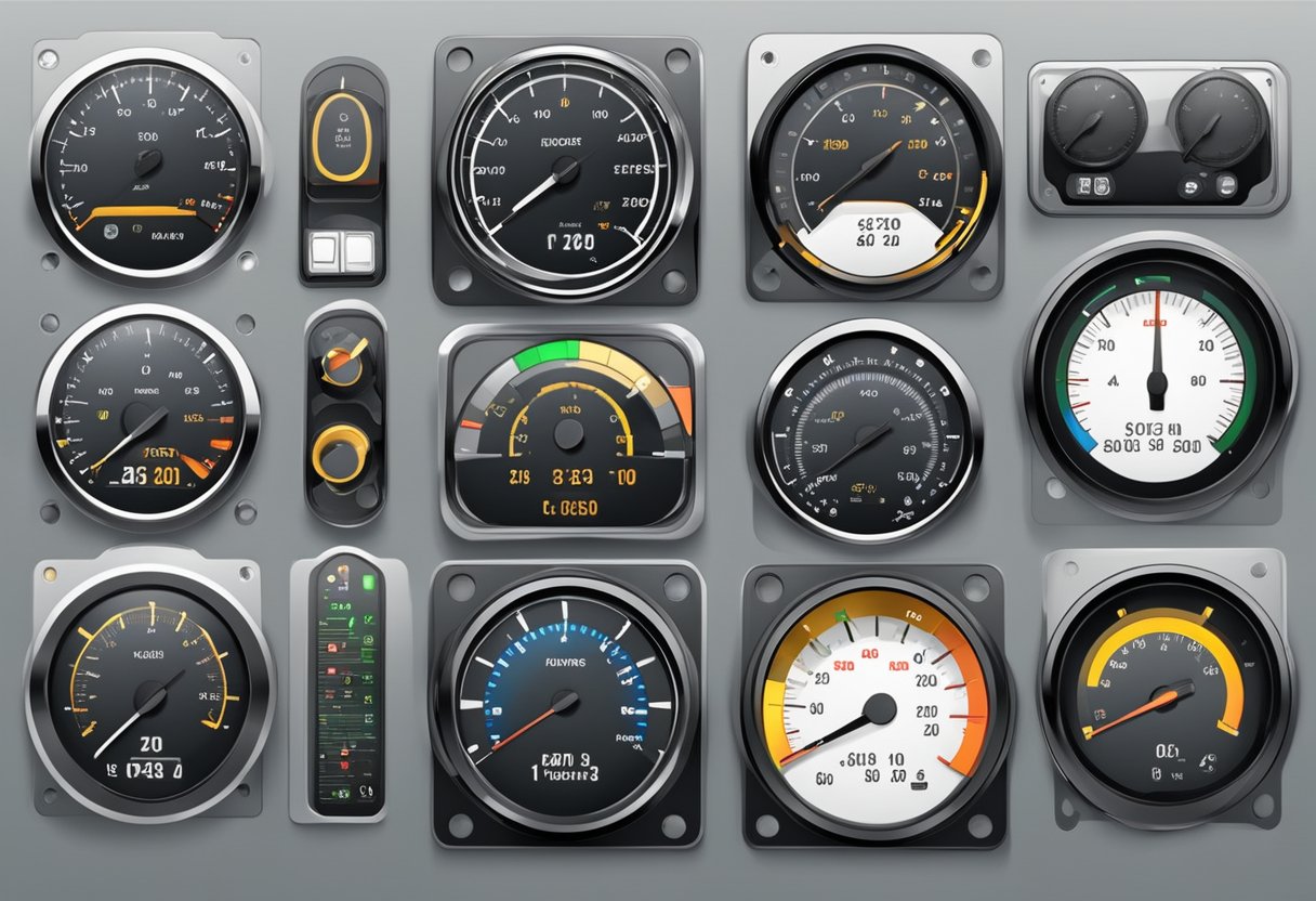 A dashboard with various gauges and meters, arranged in a clear and organized manner, with labels and indicators for easy interpretation