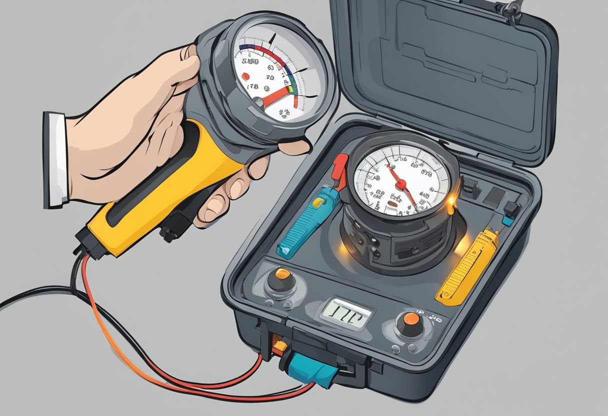 A hand holding a distributor cap, with a multimeter testing the electrical resistance of the cap's terminals.

Smoke and sparks emanate from the cap, indicating failure