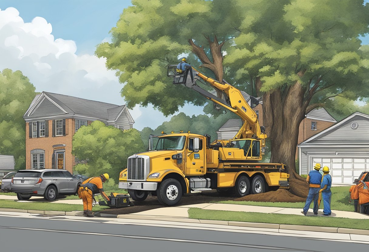 A tree being carefully removed by professionals in Concord, NC, with equipment and vehicles visible, indicating the cost factors involved