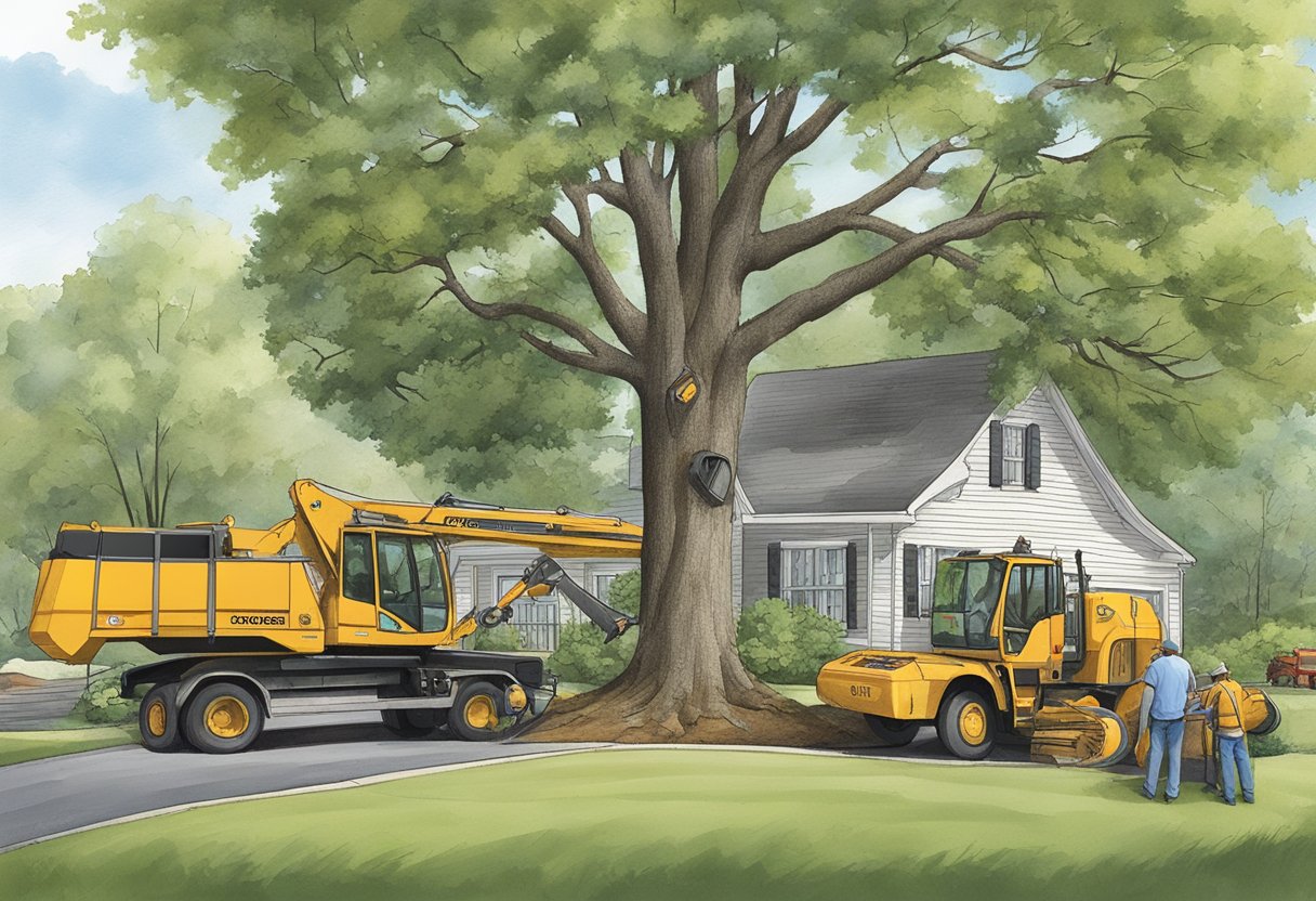A tree being removed in Concord, NC, with a focus on cost factors and quotes. Tools and equipment present