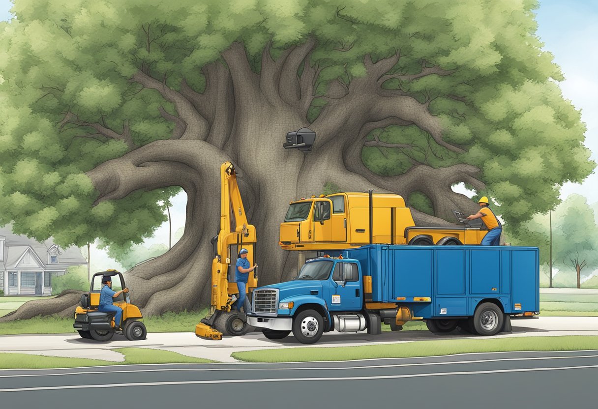 A tree service company truck parked in front of a large tree. A worker assesses the tree's size and condition, while another worker prepares equipment for removal