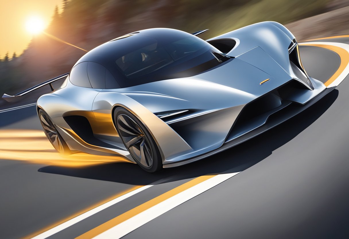 A sleek vehicle speeds down a winding road, with a spoiler and wing attached.

The sun shines on the sleek, aerodynamic features, emphasizing their potential performance benefits