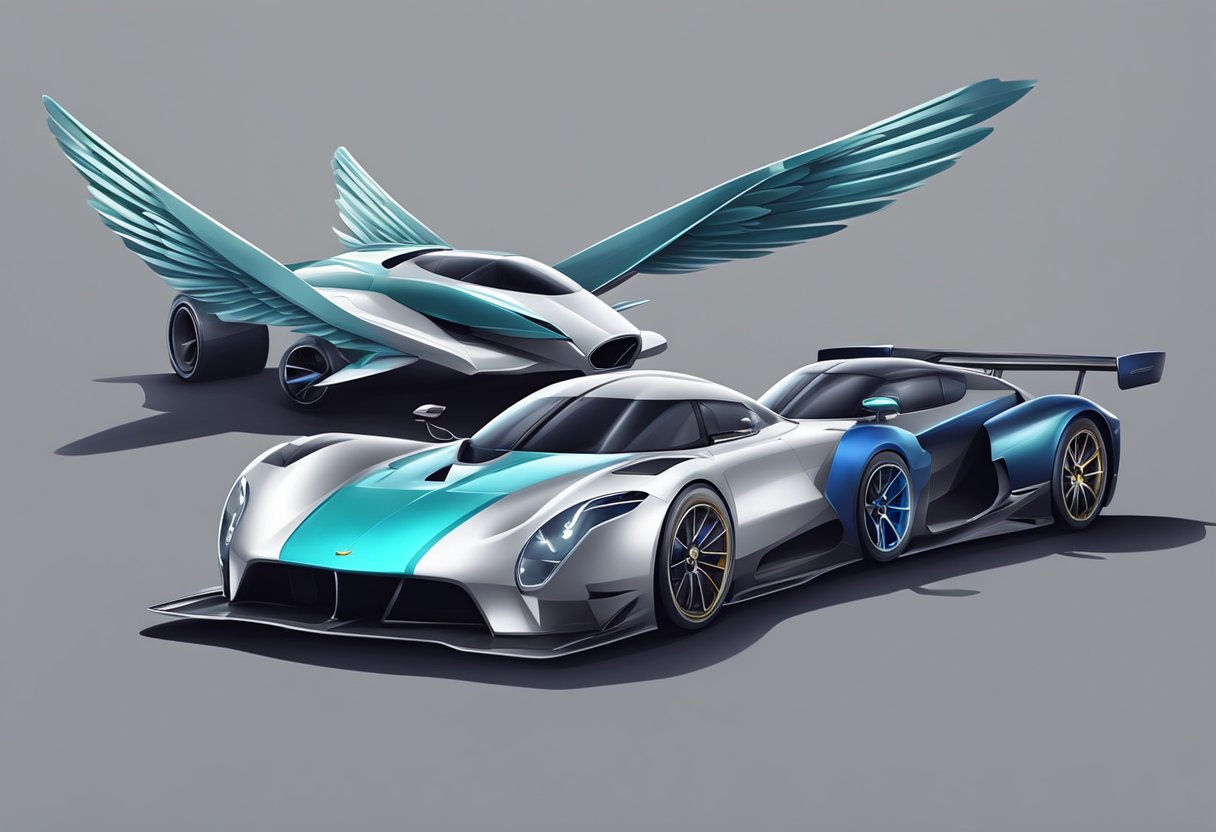 A sleek car with two different types of wings attached, one on the rear and one on the front, parked on a race track