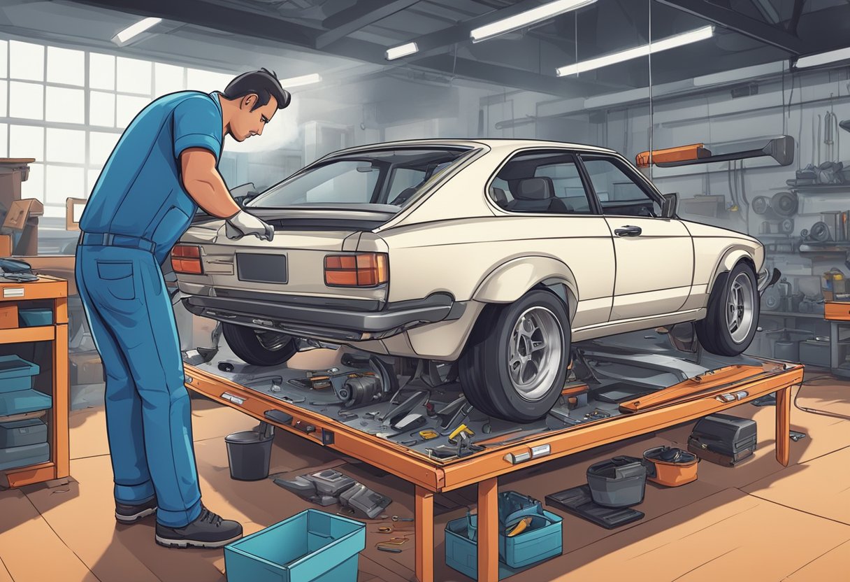 A mechanic installs a spoiler and a wing on a car, comparing their performance benefits.

Tools and parts are scattered around the workshop