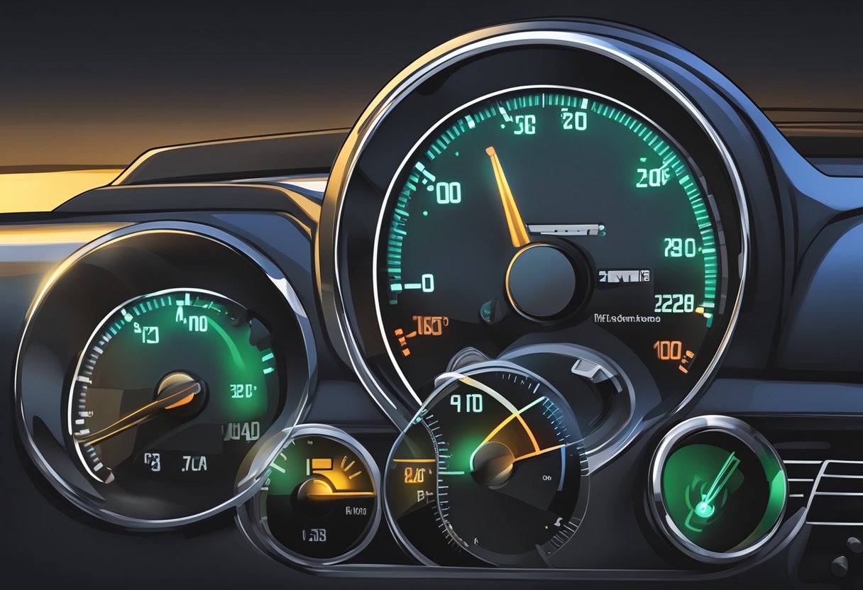 A car's engine temperature gauge reads high with a warning light illuminated on the dashboard.

The engine compartment shows signs of overheating with steam and coolant leaking from the radiator