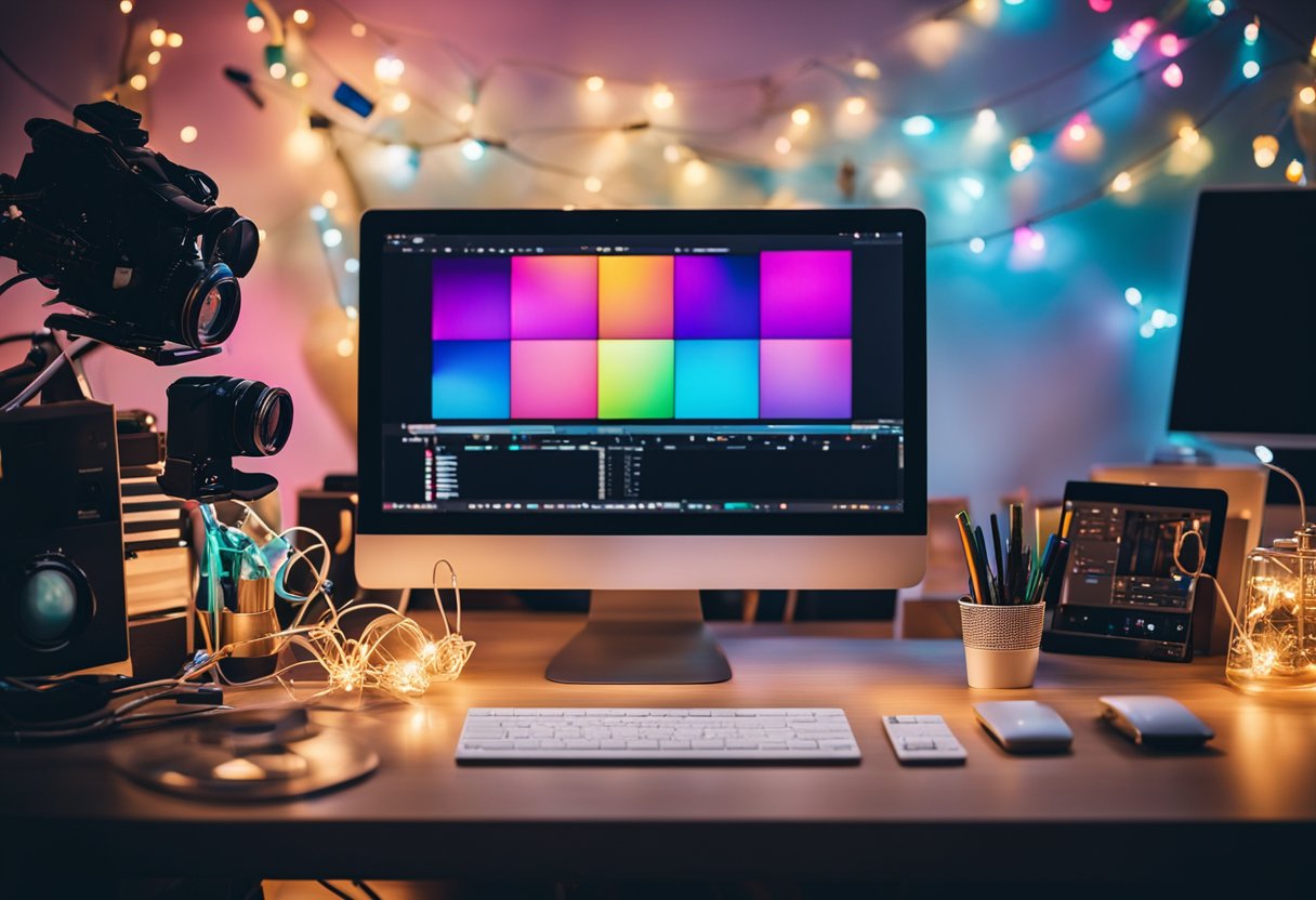 A colorful and dynamic video editing workspace with a computer, camera, and various props. Bright lights and creative decorations add to the energetic atmosphere