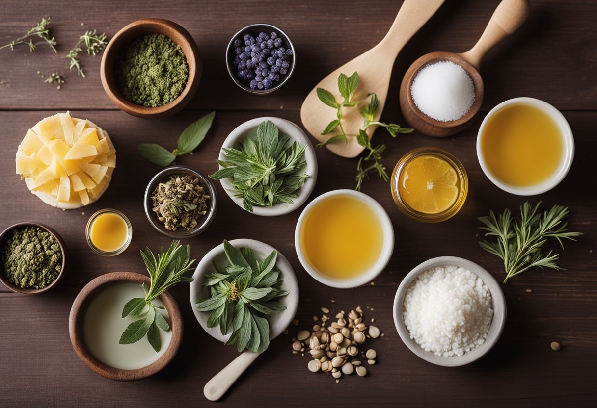 A table with various ingredients and tools for making homemade aromatherapy candles. Essential oils, wax, molds, and a stirring utensil are arranged neatly on the surface