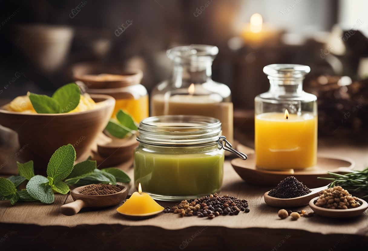 A table with various ingredients and tools for making homemade aromatherapy candles