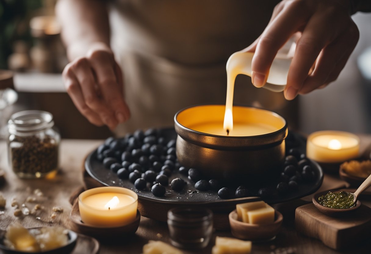 A person pouring melted wax into a mold, adding drops of essential oils, and stirring the mixture with a wooden stick to create homemade aromatherapy candles